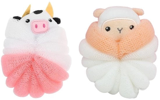 Scrubber a forma di cartoni animati con mesh PE+PVC - 2 pezzi - con superficie morbida - orecchioni per appendere - adatto per bambini e adulti