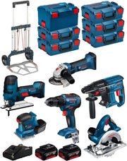 BOSCH Kit 18V BK602 (GST 18 V-LI S + GKS 18 V-LI + GSS 18V-10 + GSR 18V-55 + GBH 18V-21 + GWS 18-125 V-LI + 2 Batterie di 5,0 Ah + Caricabatterie + 5 x L-Boxx 136 + L-Box 238 + Caddy)