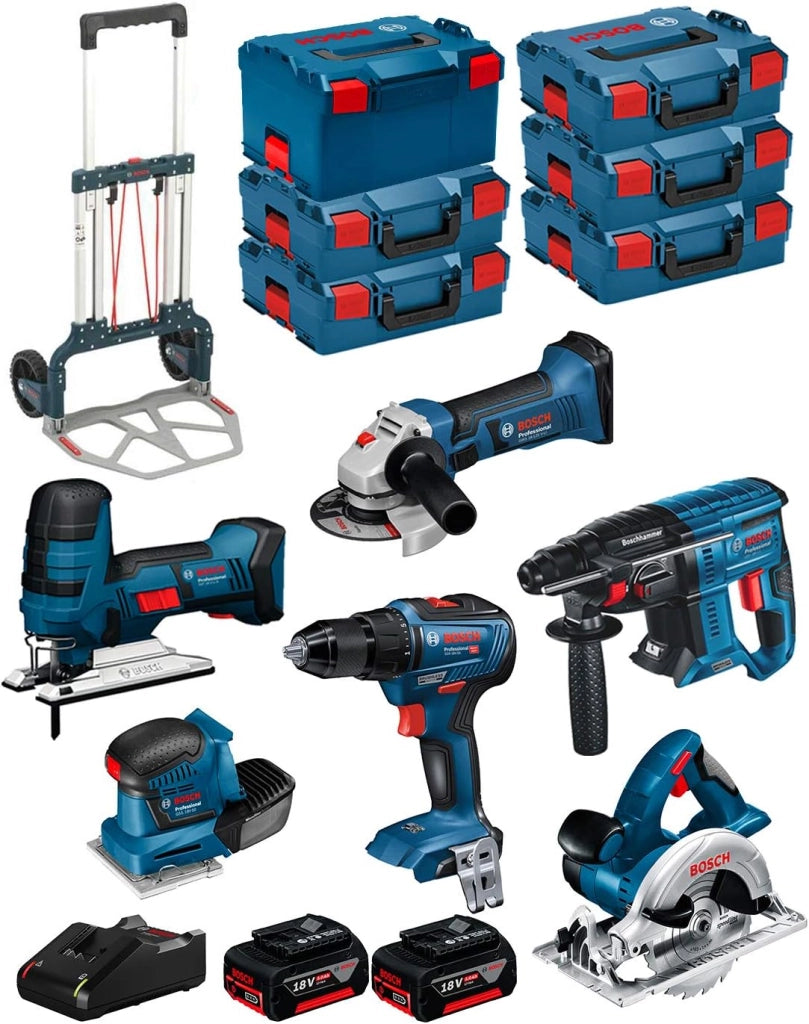 BOSCH Kit 18V BK602 (GST 18 V-LI S + GKS 18 V-LI + GSS 18V-10 + GSR 18V-55 + GBH 18V-21 + GWS 18-125 V-LI + 2 Batterie di 5,0 Ah + Caricabatterie + 5 x L-Boxx 136 + L-Box 238 + Caddy)