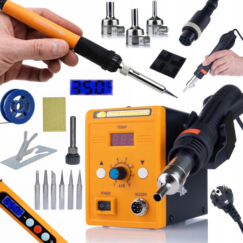 Stazione Saldante Hot-Air 858D con Set 3 Ugelli e 11 Accessori – Potenza 700W, Regolazione Temperatura 100-500°C