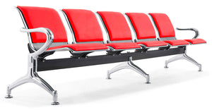 Panca per Sala Attesa 5 Posti da Ufficio con Cuscino in Acciaio e Similpelle Argento/Rosso