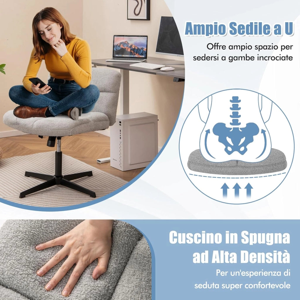 Sedia da Scrivania senza Braccioli, Sedia da Ufficio a Gambe Incrociate, Altezza Regolabile, Girevole a 360°, Tessuto Morbido, Ampia Seduta Imbottita, per Soggiorno Ufficio (Grigio)