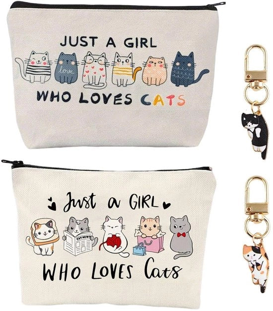 Borse Cosmetiche a Manica - 2 Pezzi - Disegno Gatto - Borsa Portatile con Catena Sospesa - Tela Beige - 25x17 cm - Borsa per Trucco