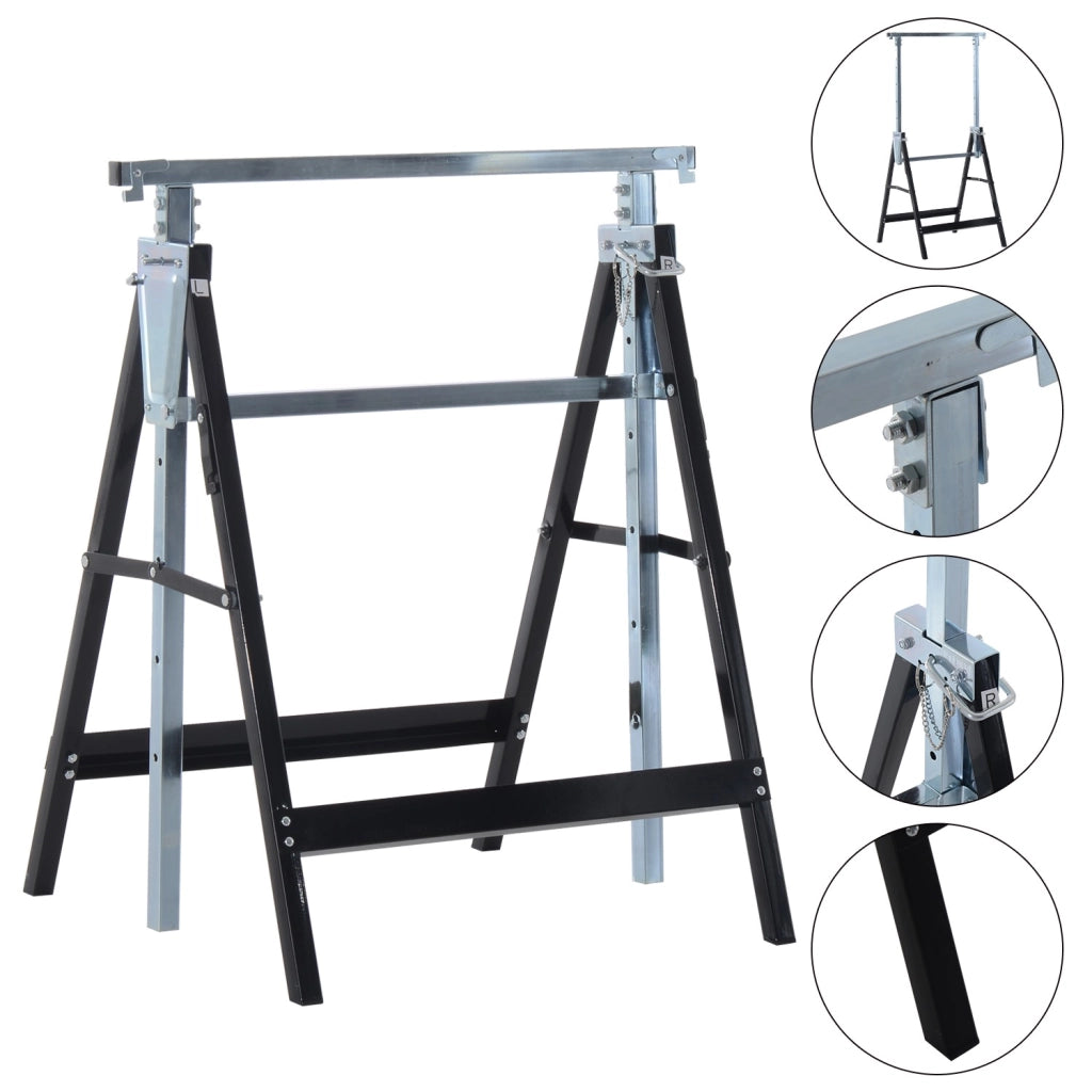 EasyComfort Set 2 Cavalletti da Lavoro Pieghevoli Portata 200 kg, Altezza Regolabili 80-130 cm, Cavalletti Telescopici Salvaspazio in Acciaio per Fai da Te, Garage e Giardino, Nero