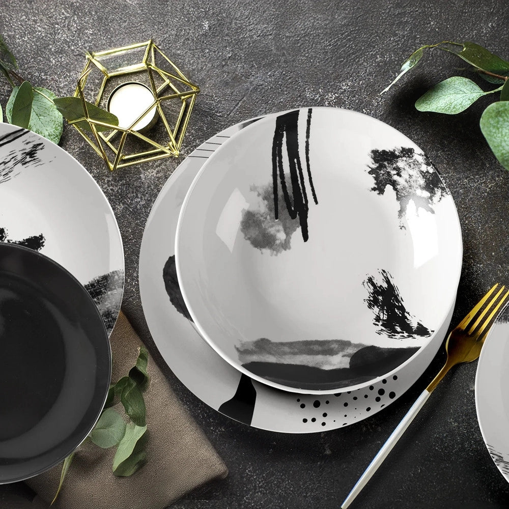 Trade Shop - Set Servizio Di Piatti Da Tavola In Porcellana Da 18pz Design Moderno Finiture Bianco Nero -