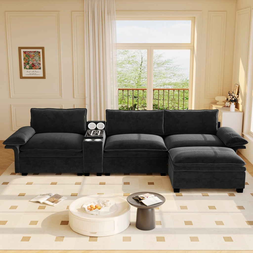 Divano modulare 4 posti con ricarica wireless, luce, altoparlanti e contenitore, Chenille Nero