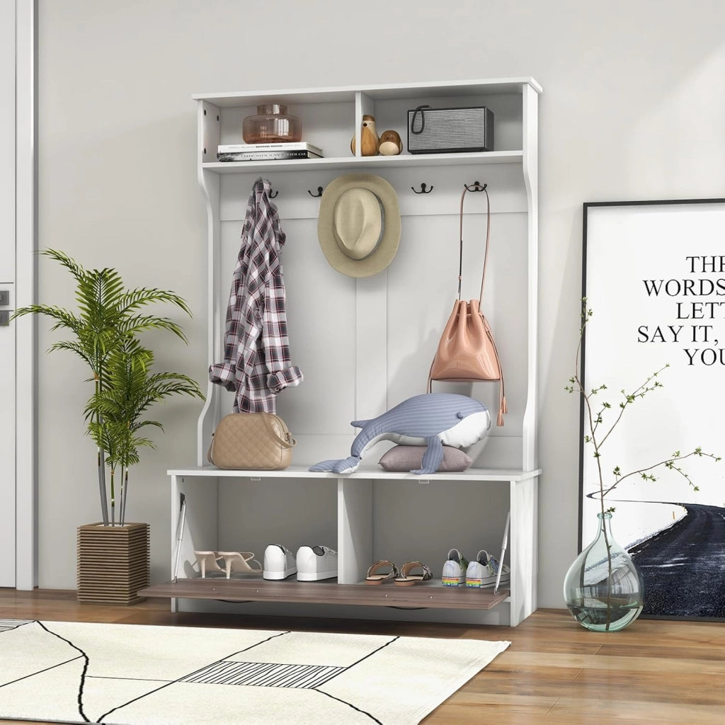 Appendiabiti con Panca da Scarpe, Armadio con Panca Portaoggetti e 5 Ganci e Scomparti, Mobile d'Ingresso Moderno per Corridoio, Camera da Letto, 100x40x160 cm (Bianco)