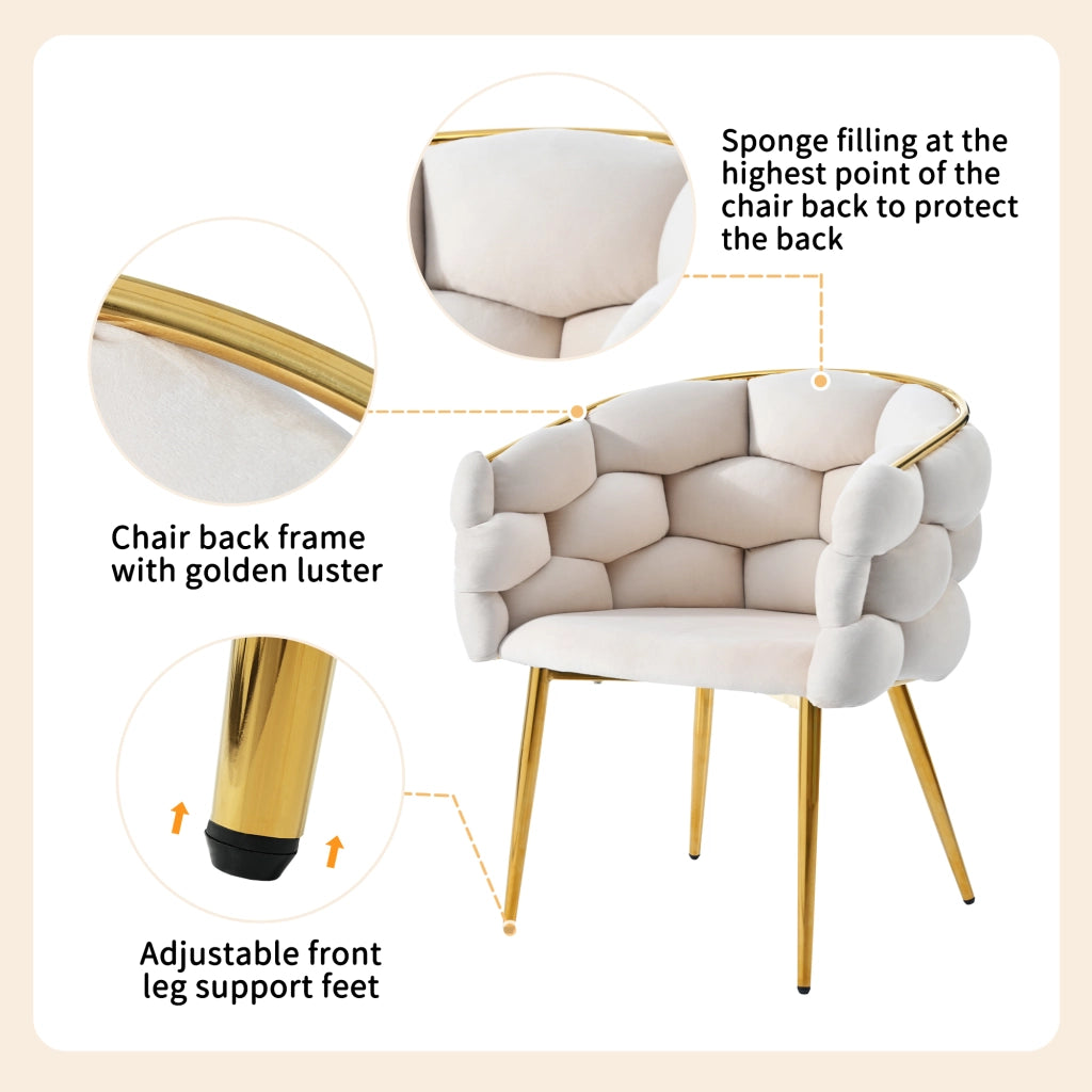 Tavolo da pranzo per 6 persone con 6 sedie, stile moderno, in MDF, metallo e velluto, beige e oro, 140 × 80 × 75 cm