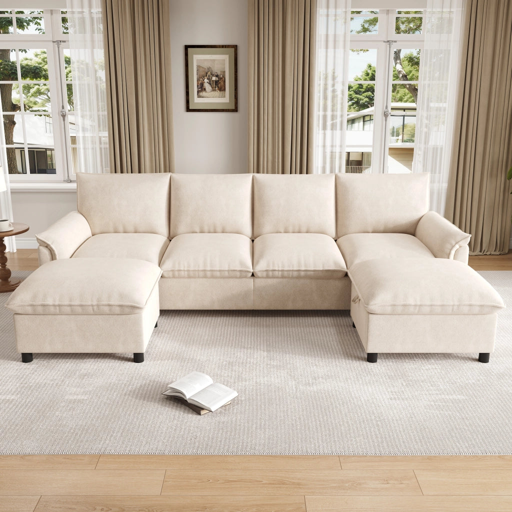 Divano angolare modulare con 2 pouf contenitore e schienale alto in chenille beige