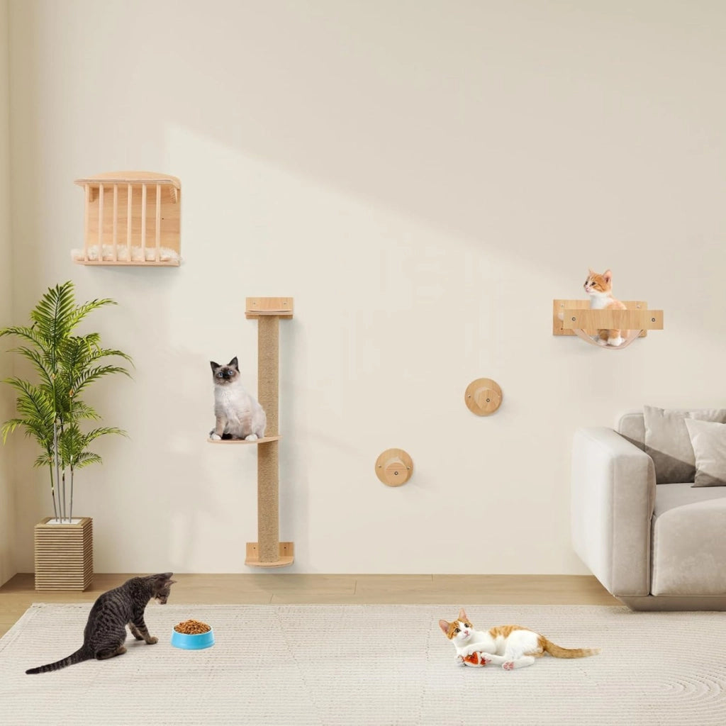 Mensole per gatti da arrampicata per gatti a muro 4 in 1-Mensole per gatti on albero per gatti a 3 piani Naturale