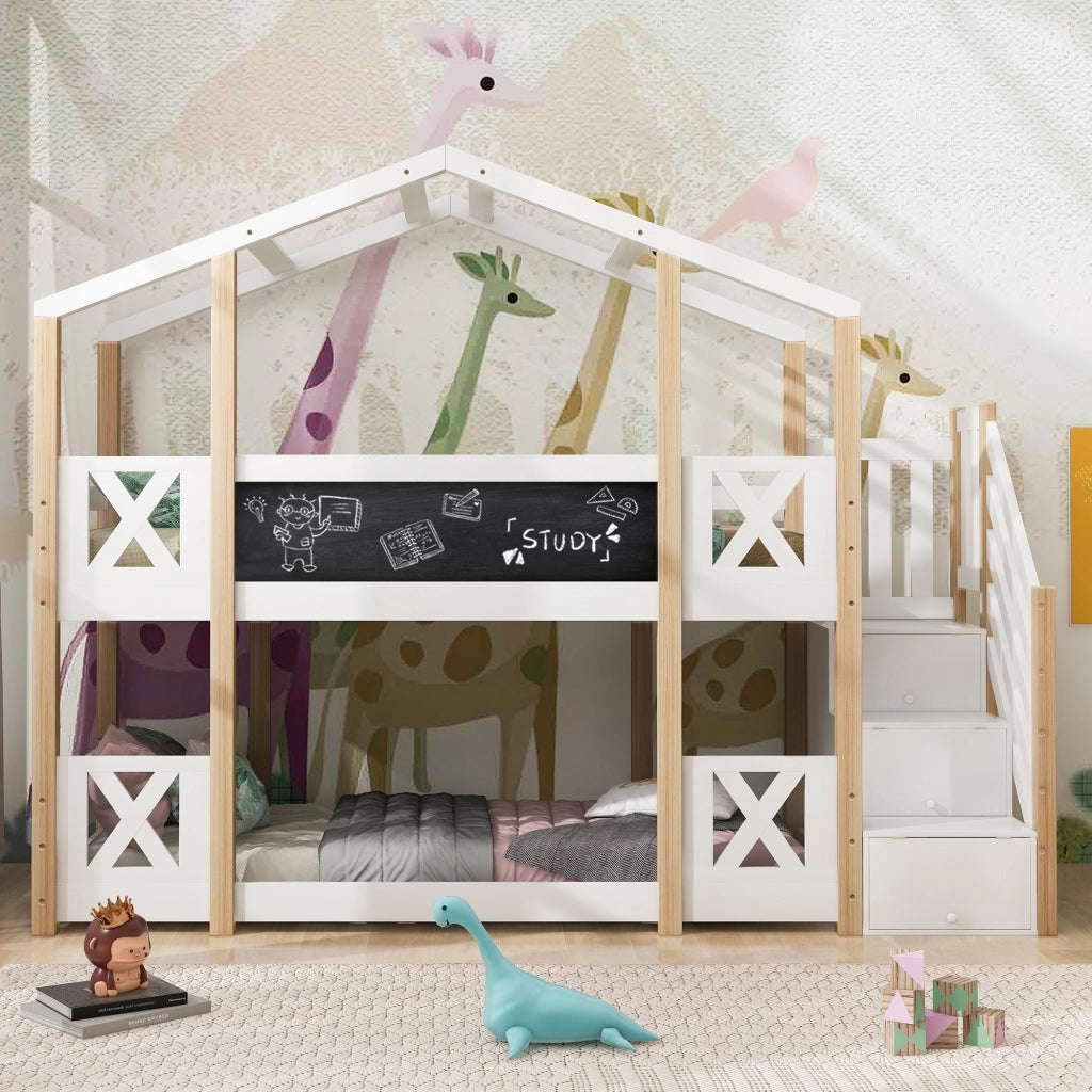 Letto a castello per bambini 90x200 cm con scala contenitore, design casetta, bianco/naturale