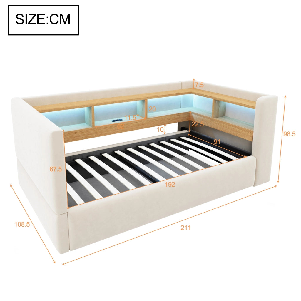 Letto imbottito trasformabile 90x190 cm con contenitore idraulico, LED, prese e rivestimento beige