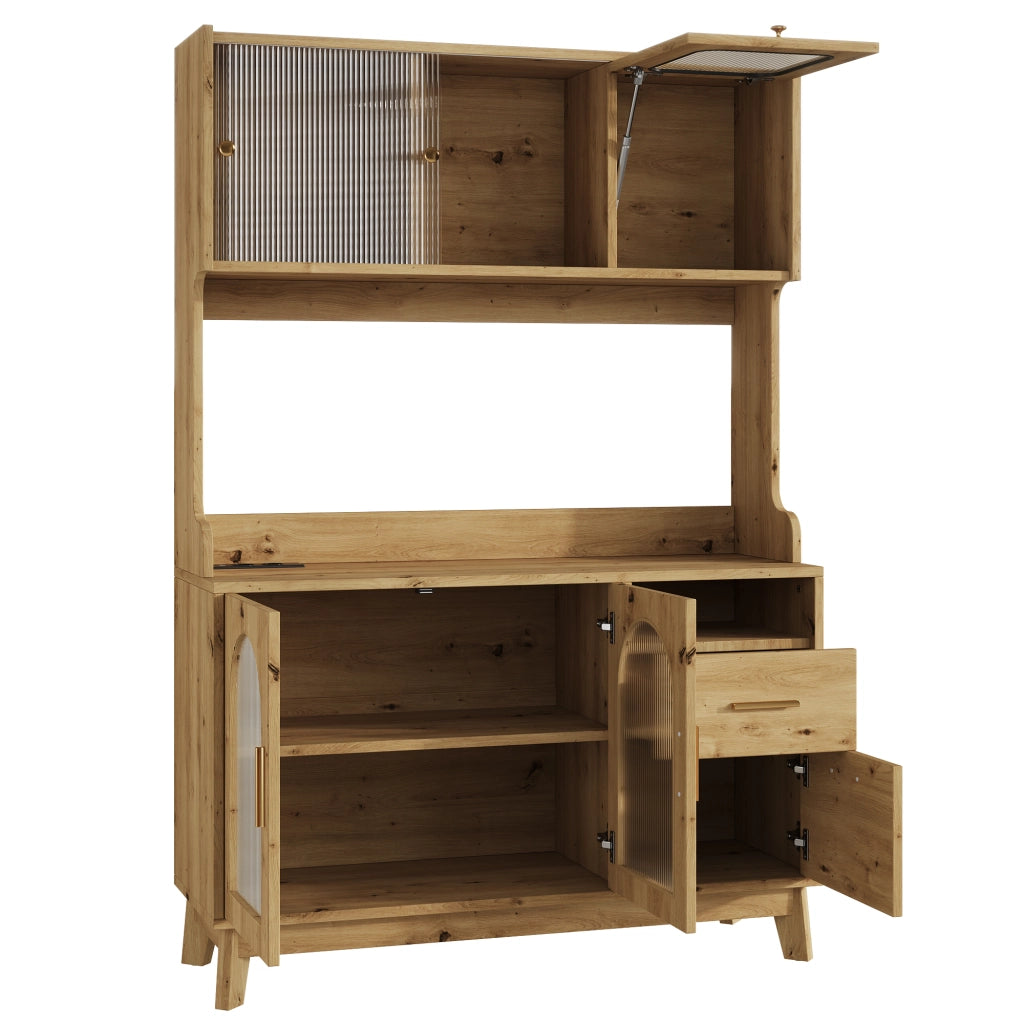 Credenza alta 120x40x178 cm con prese integrate e porte USB, effetto legno