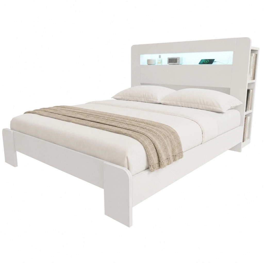 Letto matrimoniale multifunzione 140x200 cm in legno bianco con testiera contenitore; LED e prese integrate