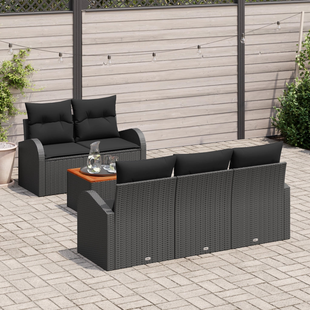 Set Divano da Giardino 6 Pezzi con Cuscini Nero Polyrattan Acacia