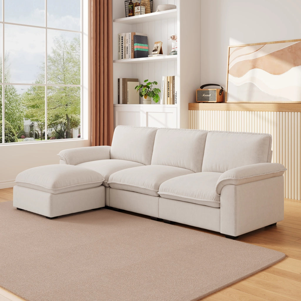 Divano angolare a 4 posti in chenille beige con ottomana spostabile e cuscini 260 × 154 × 86 cm