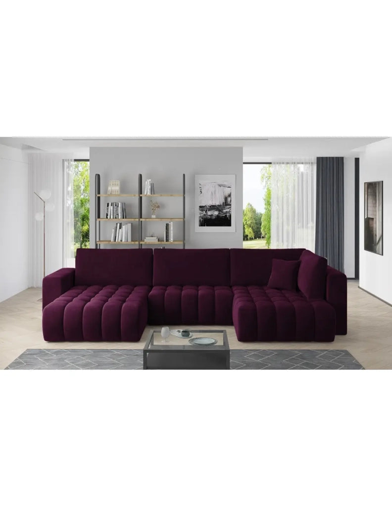 Divano ad angolo BONITA convertibile 6 posti viola scuro effetto velluto – sinistra – 350x175cm