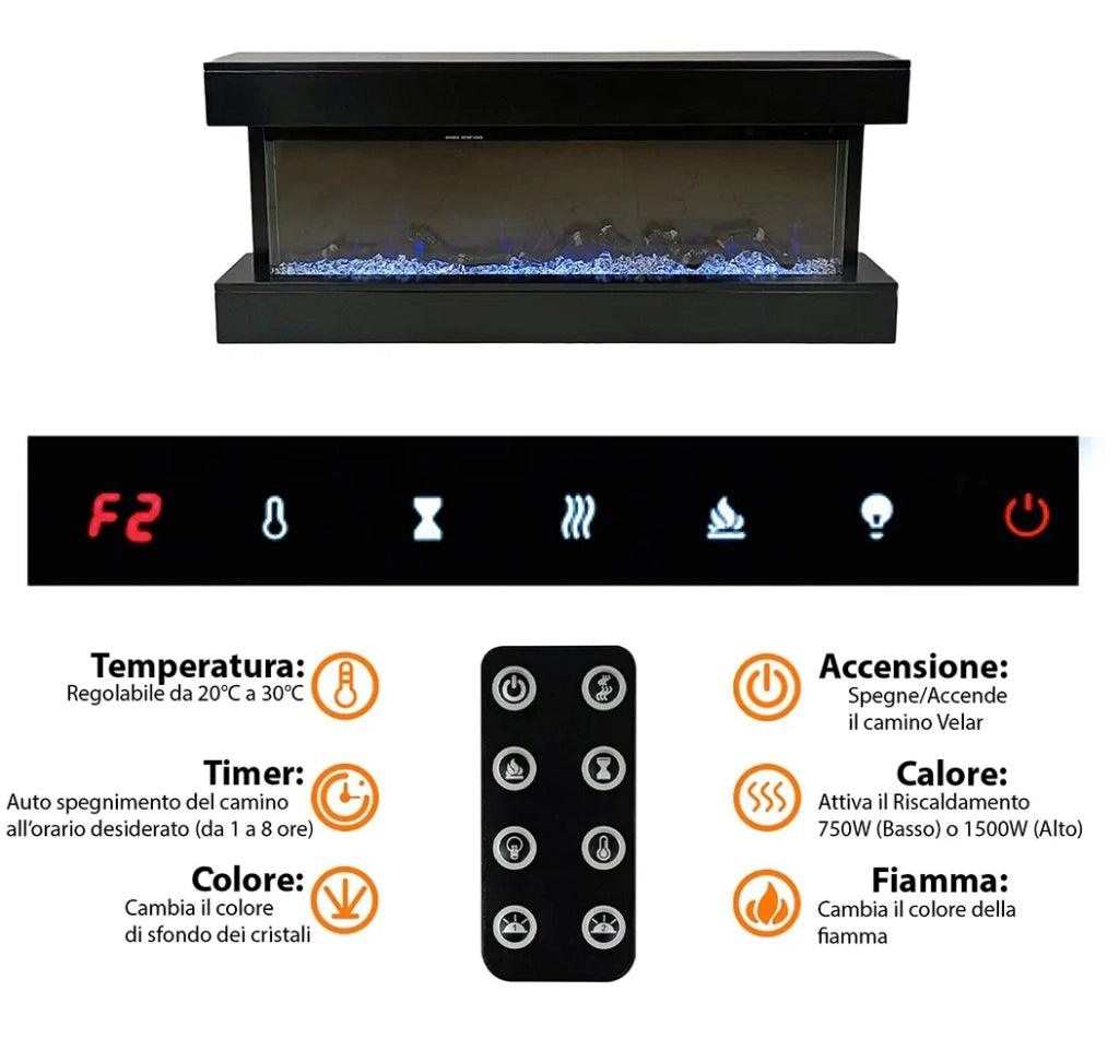 Tempo Style - Camino elettrico a parete e da incasso ALARO PLUS | Stufa ventilata da 750W/1500W a basso consumo, (Nero, 128cm)