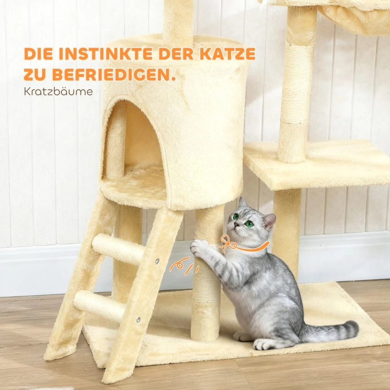 Tiragraffi con cuccia, 4 giochi, pali in sisal, ampia piattaforma, scaletta, per gatti sotto i 5 kg, beige