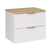 Set da bagno sospeso OSTER 60cm: mobile sotto lavabo con cassetti bianco + piano per lavabo effetto rovere chiaro