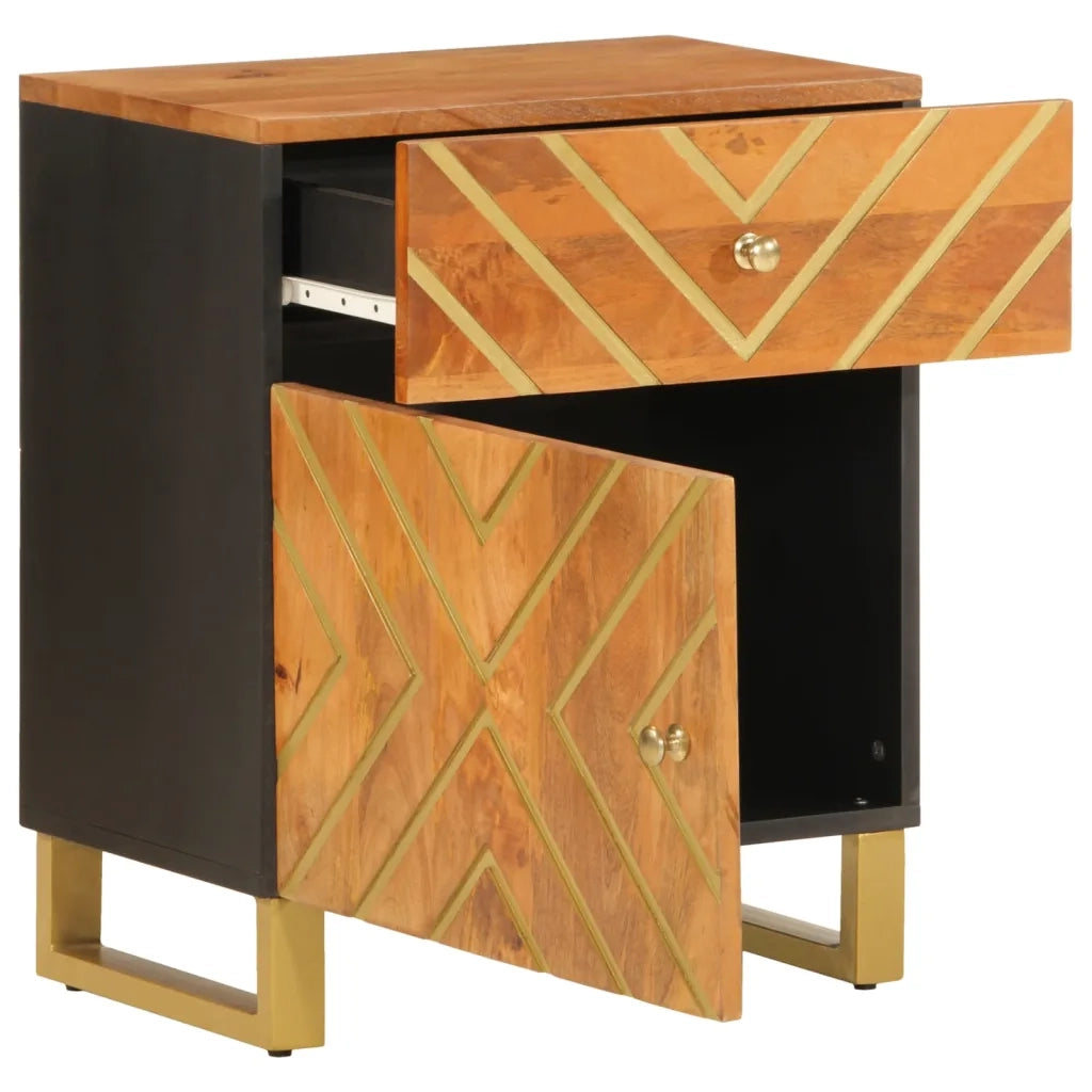Comodino Marrone Nero 50x33x60 cm in Legno Massello di Mango 356791