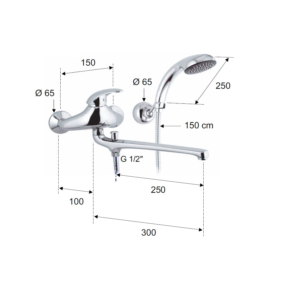 Rubinetto lavabo/vasca con bocca fusa lunga, deviatore e kit doccia - serie ten