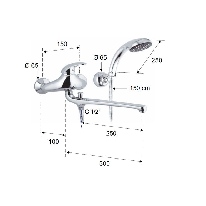 Rubinetto lavabo/vasca con bocca fusa lunga, deviatore e kit doccia - serie ten