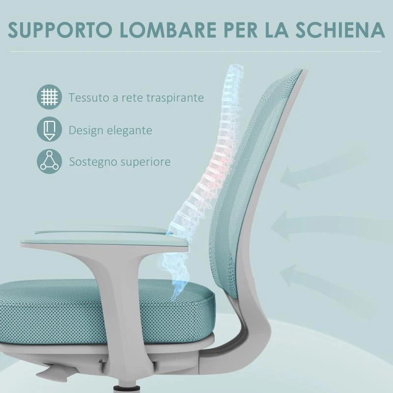 SEDIA DA UFFICIO ERGONOMICA AD ALTEZZA REGOLABILE CON SCHIENALE TRASPIRANTE, 55X48X82.5-94.5 CM, VERDE CHIARO