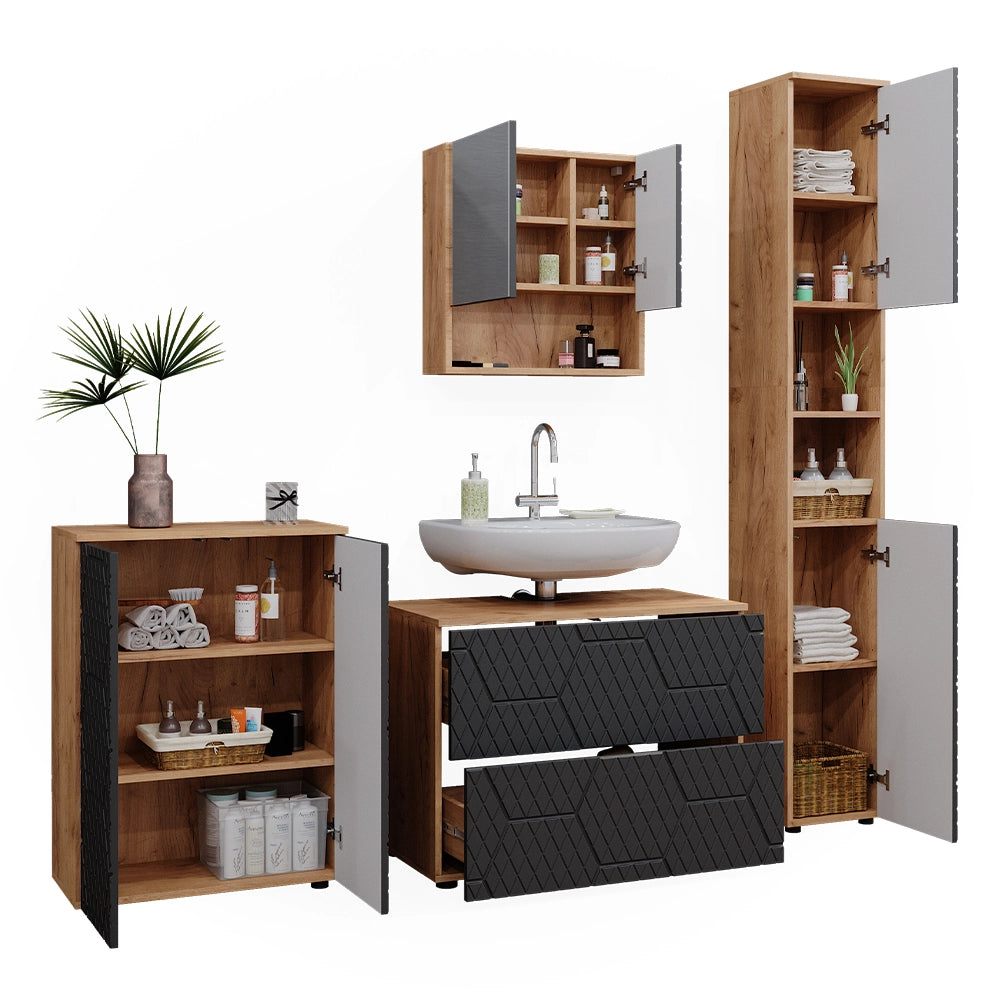 Vicco Set mobili bagno Antracite con struttura a nido d'ape 4 pezzi, con cassettiera e mobile midi