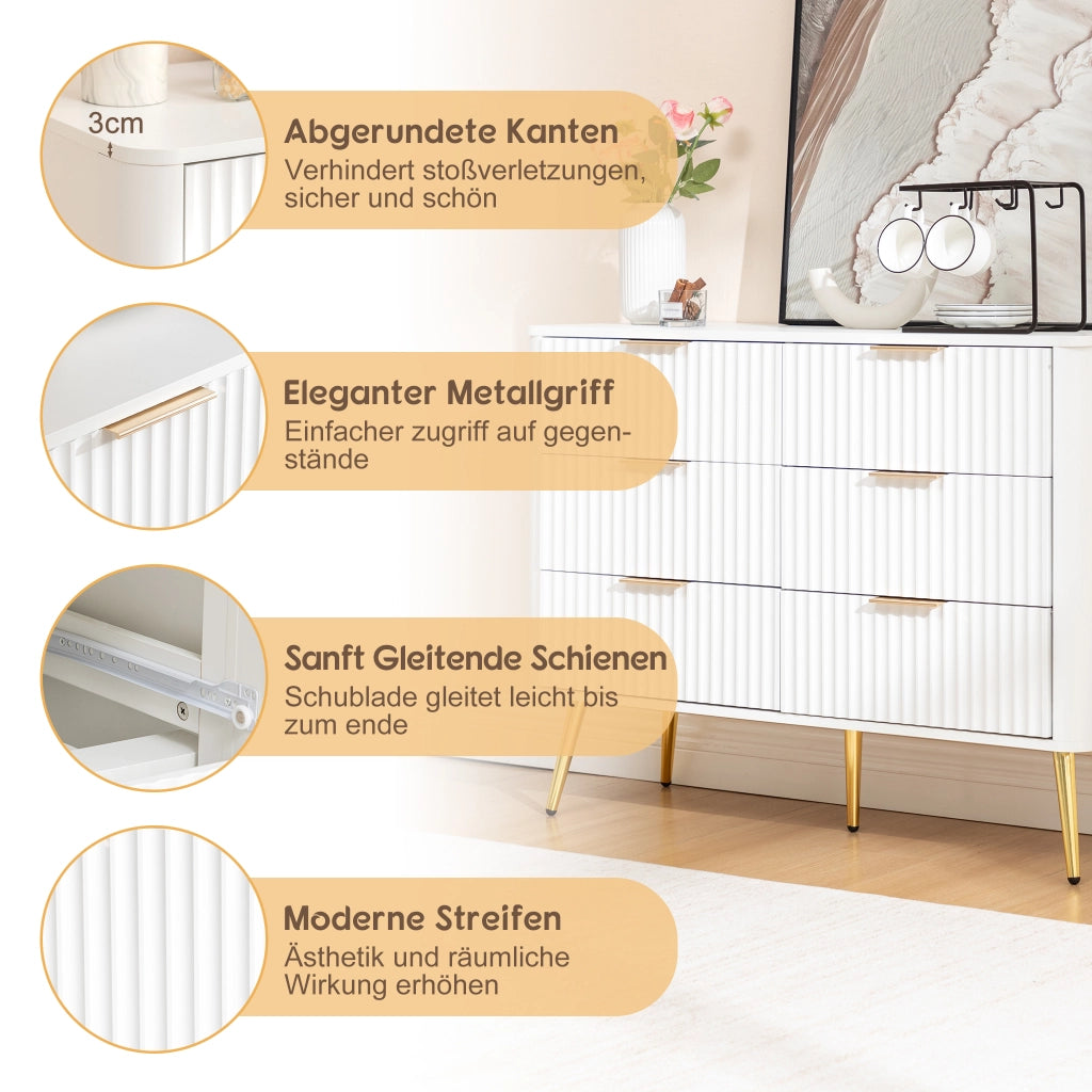 Cassettiera con 6 cassetti e guide ammortizzate, maniglie in metallo, per camera da letto, bianco, 105 × 40 × 80 cm