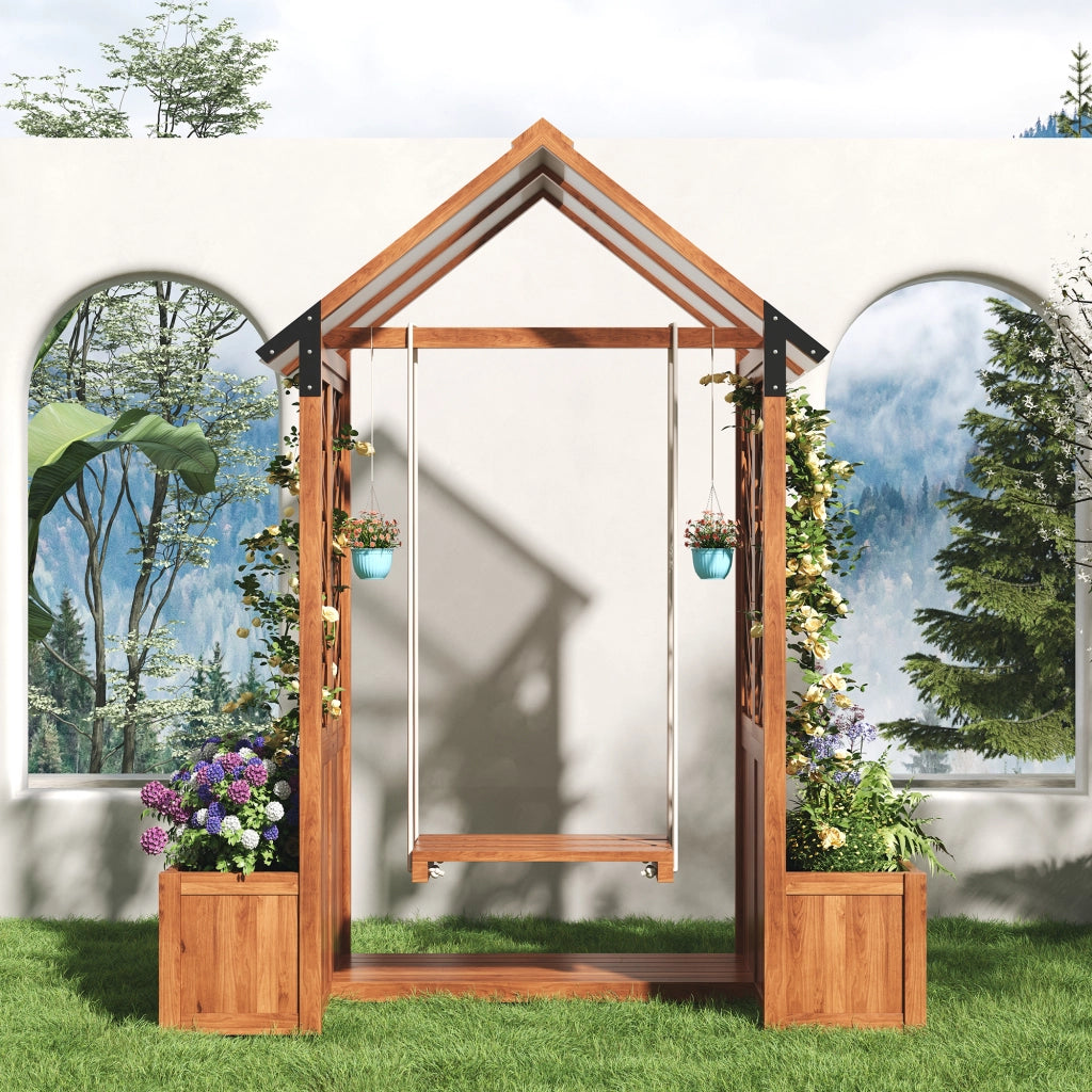 Fioriera Con Grigliato E Altalena; Tetto PC Anti-UV; Legno Massello Marrone; per Giardino Terrazza Balcone 163¡Á142¡Á70 cm