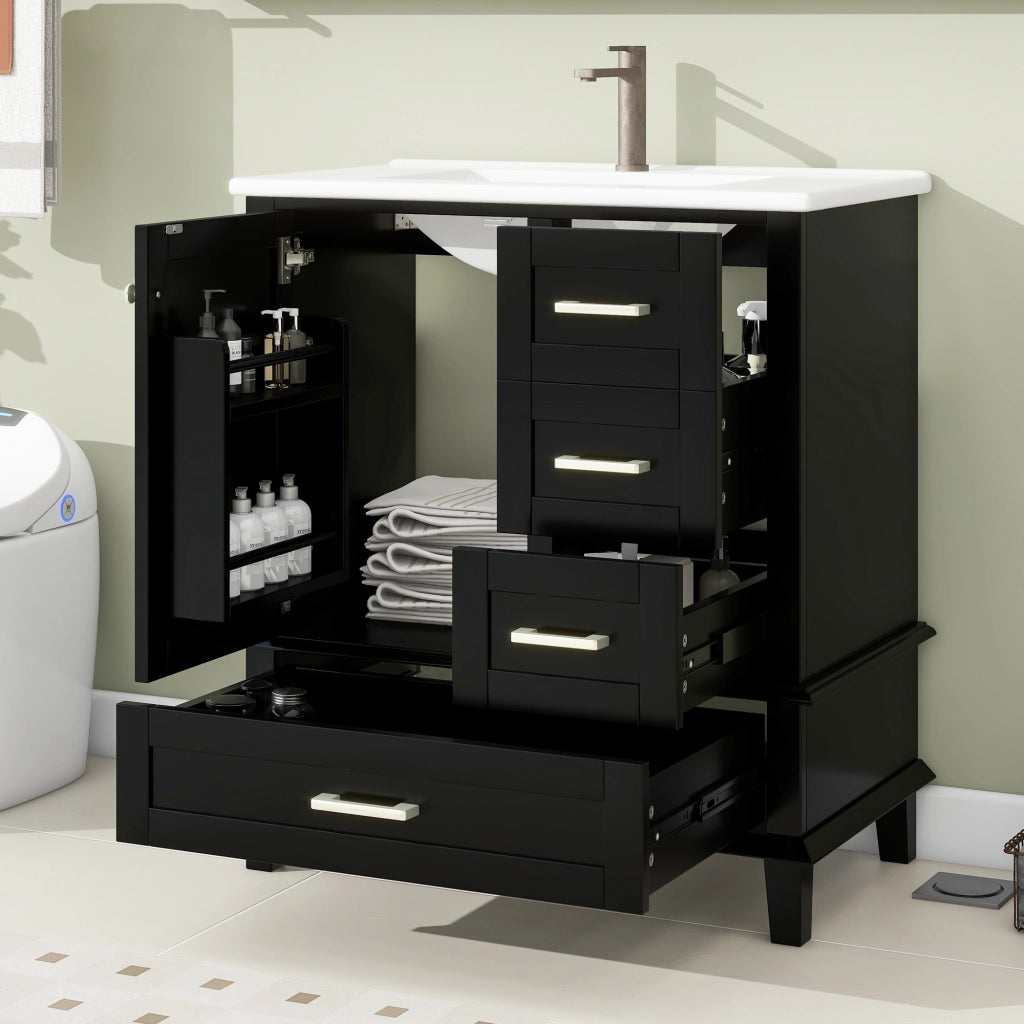 Mobile bagno freestanding con lavabo in ceramica integrato, nero, 76x45,5x83,5 cm