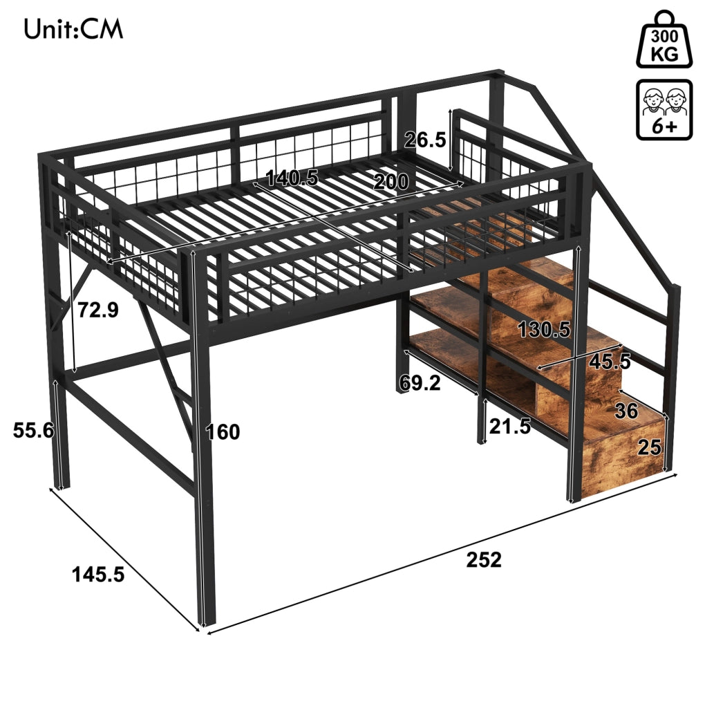 Letto a soppalco 140x200 cm in metallo e MDF con LED e scale contenitore; nero