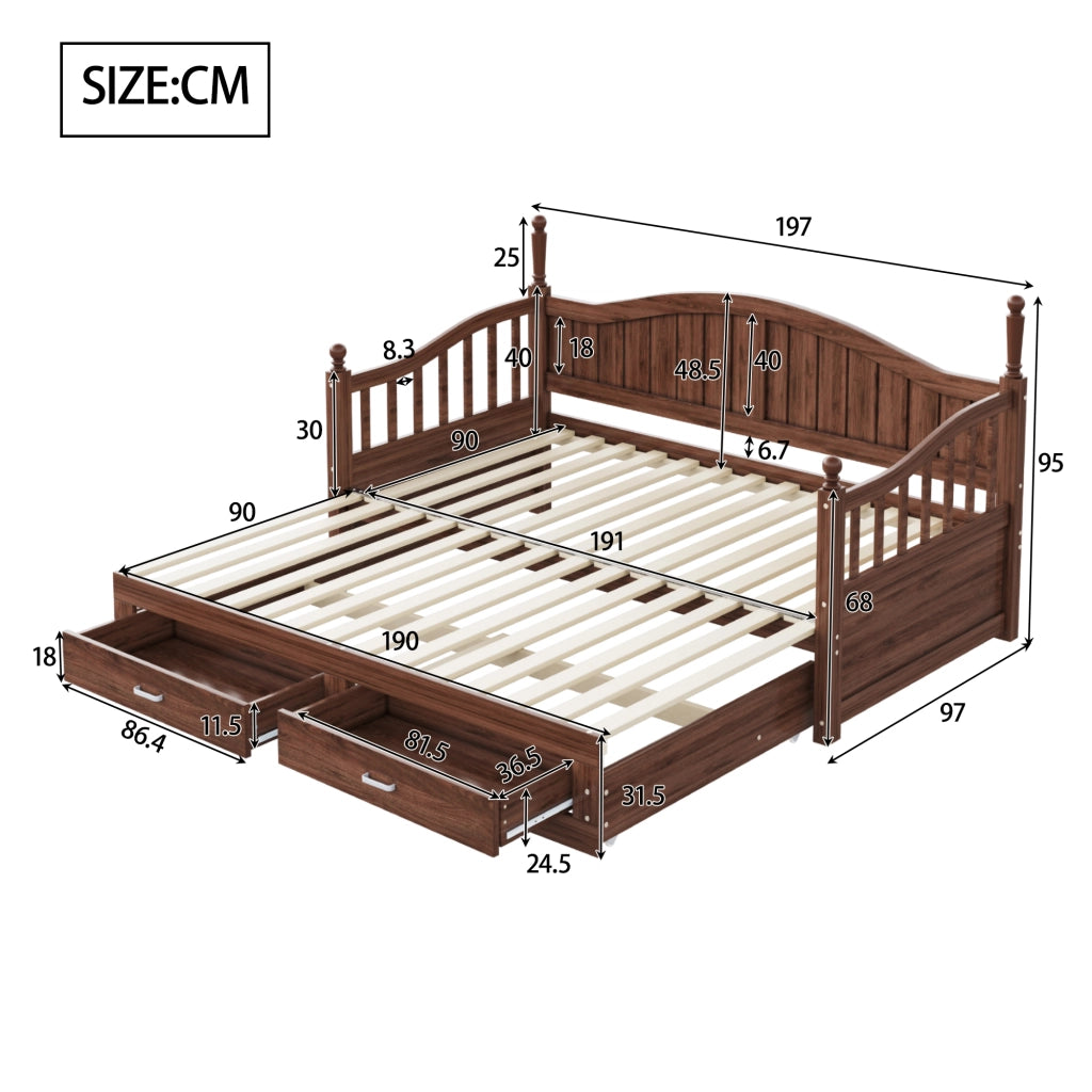 Letto estraibile matrimoniale 90×190 cm e 180×190 cm con 2 cassetti e rete; senza materasso; legno; noce