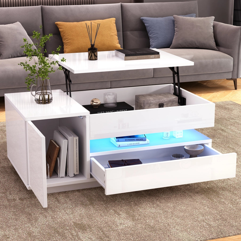 OKWISH Tavolino da Salotto Alzabile con 1 Cassetto e 1 Anta, LED e Vano Nascosto, per Soggiorno, 95 x 50 x 34.5 cm, Bianco