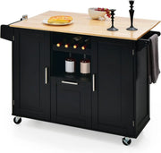 Isola centrale mobile con piano di lavoro in legno di albero della gomma, carrello da cucina con cassetto, porta bottiglia e 2 armadio con porta, carrello su ruote, 130 x 45 x 90 cm (nero)