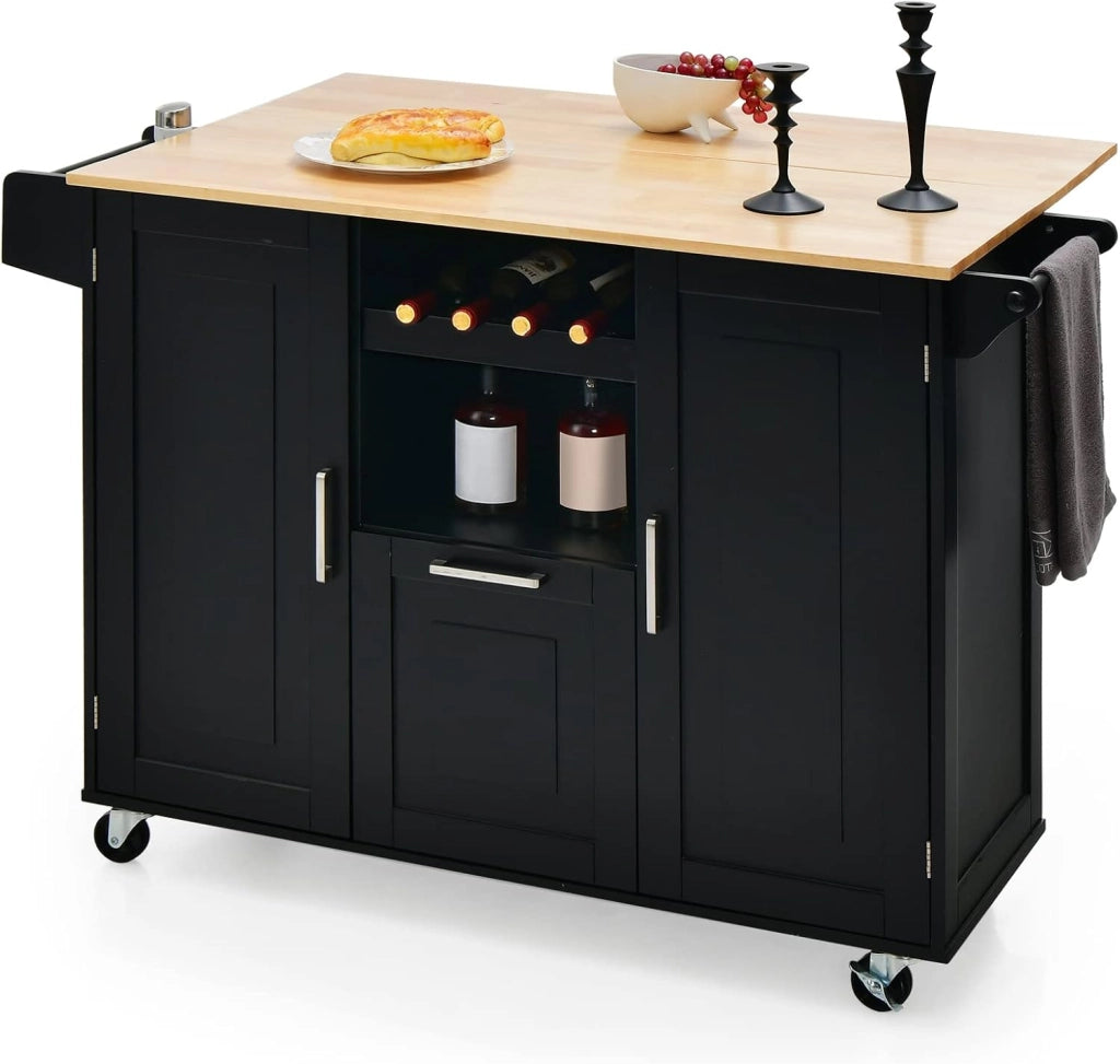 Isola centrale mobile con piano di lavoro in legno di albero della gomma, carrello da cucina con cassetto, porta bottiglia e 2 armadio con porta, carrello su ruote, 130 x 45 x 90 cm (nero)