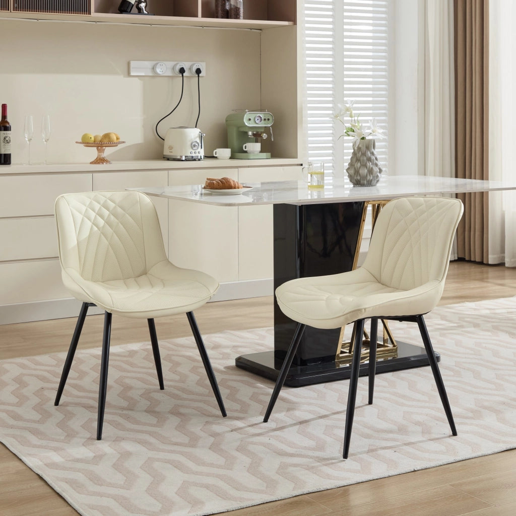 Sedia da pranzo, set da 2, ecopelle, motivo trapuntato 3D, gambe in metallo, bianco crema