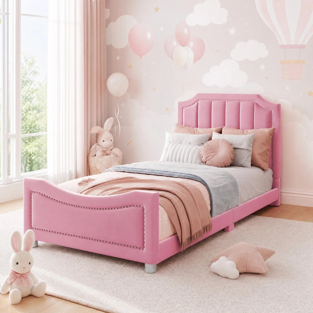 LETTO imbottito 90x200 cm in flanella rosa con testiera e pediera