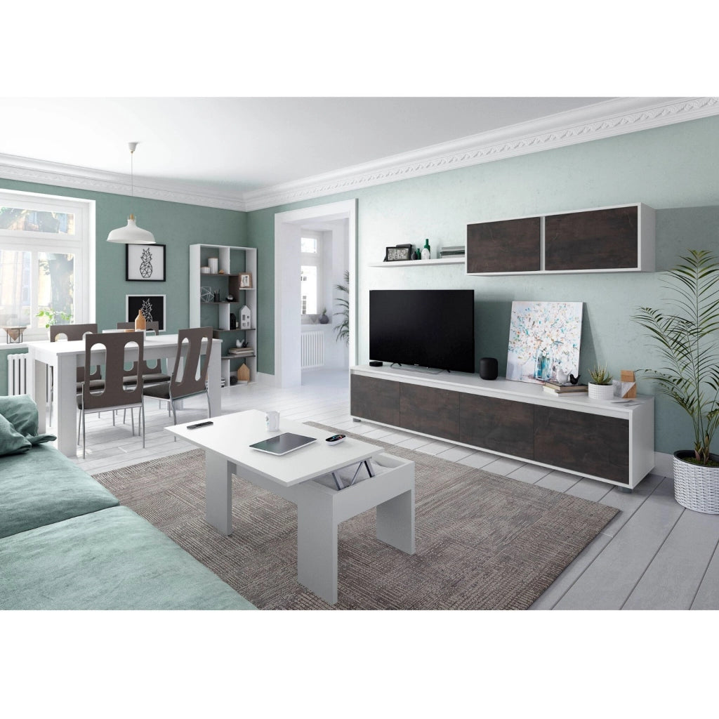 Parete Attrezzata Mobile Soggiorno Tv Con Mensola E Modulo Sospeso Per Salotto Sala Da Pranzo Design Moderno 200 X 41 X 43 Cm Colore Bianco/Ossido
