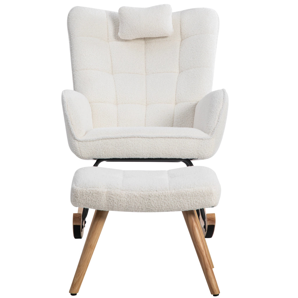 Poltrona a Dondolo Bouclé Bianca H92 cm con Poggiatesta e Pouf 49x38x38 cm