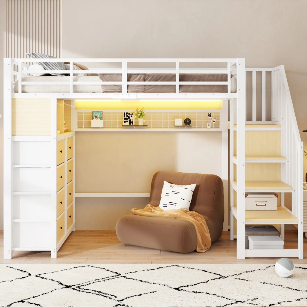 Letto a soppalco 90x200 cm con 8 cassetti e LED in MDF e metallo bianco
