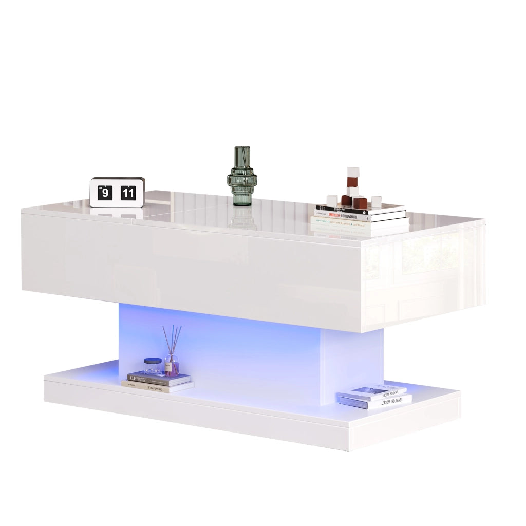 Tavolino da caffè 100x50x45 cm; piano sollevabile e scorrevole con LED; truciolare bianco