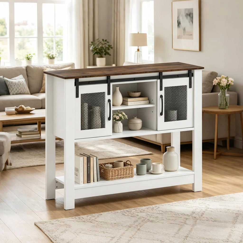 Credenza Cucina Buffet, Mobiletto Dispensa Cucina con 2 Armadietti, Contenitore Aperto, Ripiano, Rustico, Salvaspazio, Legno, per Soggiorno, Sala da Pranzo, Corridoio, 102 X 32 X 82 CM, Bianco