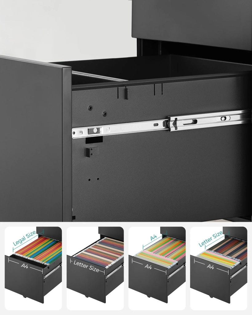 Cassettiera per ufficio su ruote con 3 cassetti e schedario sospeso mobiletto per ufficio con serratura per archivi e documenti corpo del mobile preassemblato nero 12_0004806