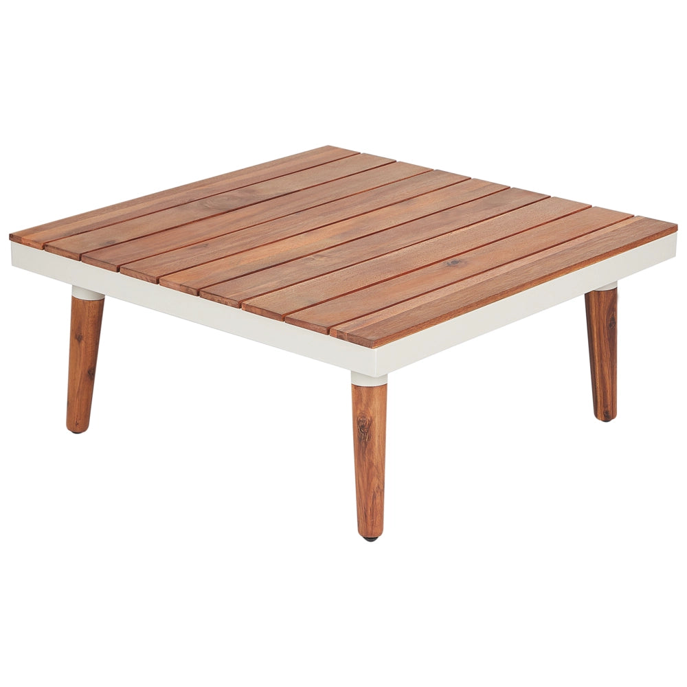 Set da giardino con divano angolare a 5 posti tavolino in legno d'acacia e cuscini bianco sporco esterno stile moderno