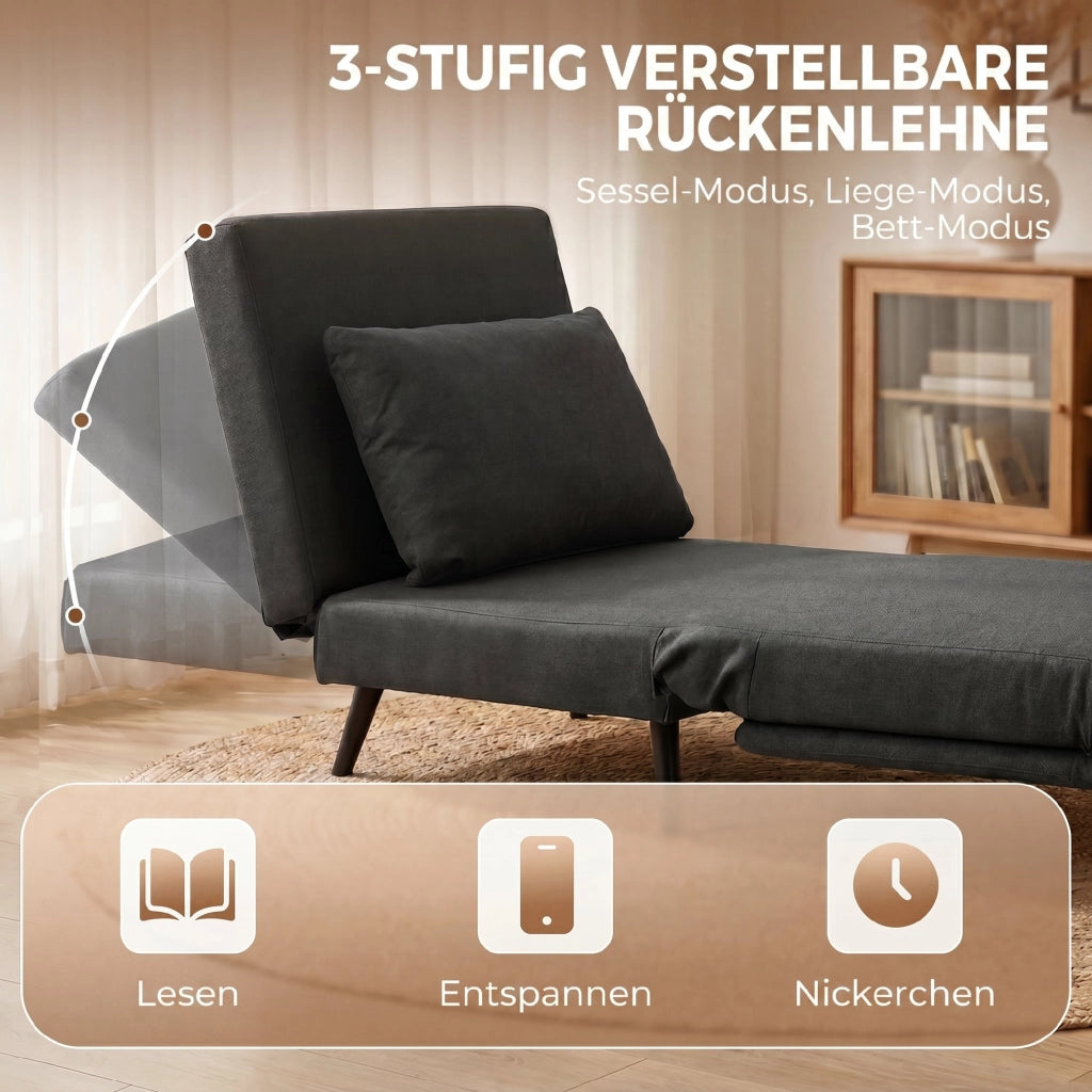 Poltrona letto reclinabile 3-in-1 ¨C Xylo ¨C tessuto lino grigio scuro con poggiapiedi e gambe metallo