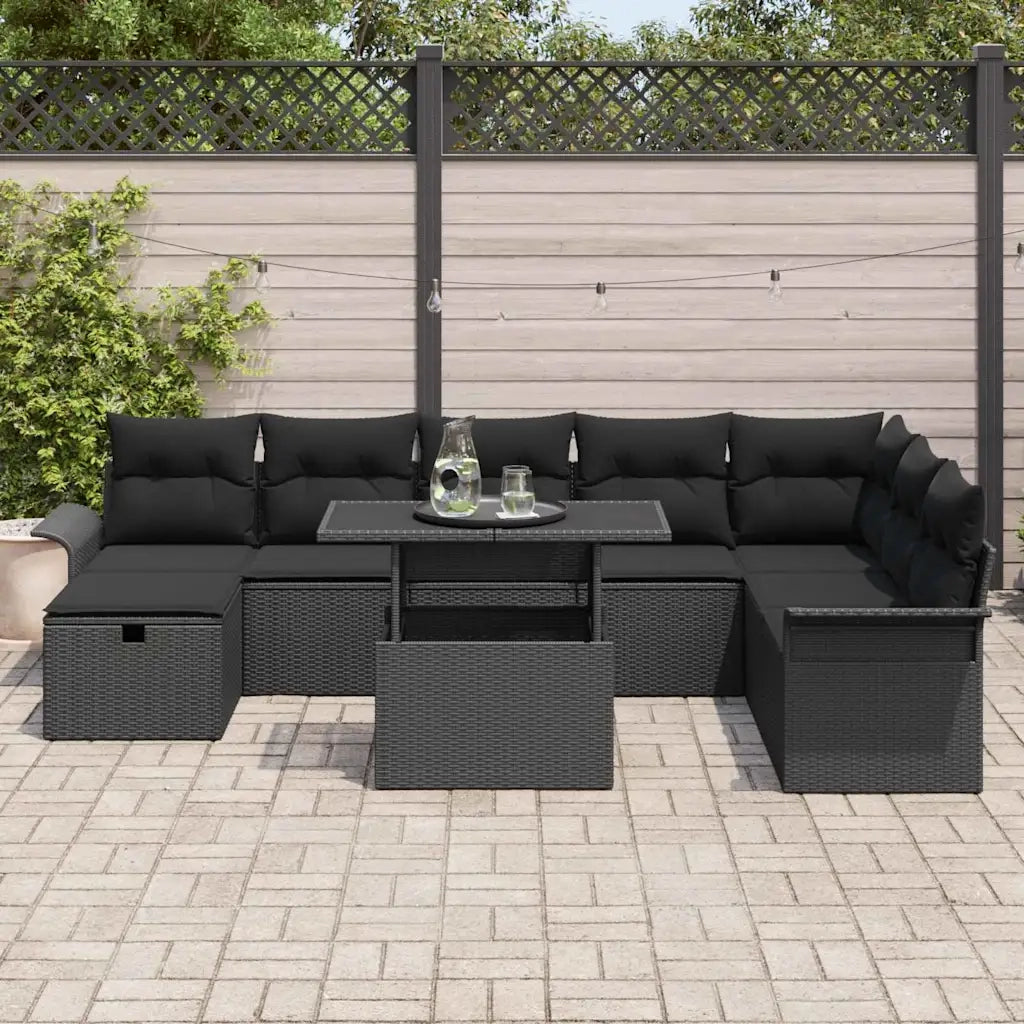 Set Divano da Giardino con cuscino 9 pcs Nero Poly Rattan