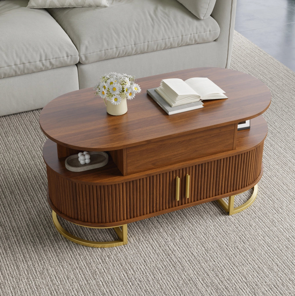 Tavolino da caffÃ¨ ovale 100x50x64 cm con piano sollevabile e vani in MDF noce