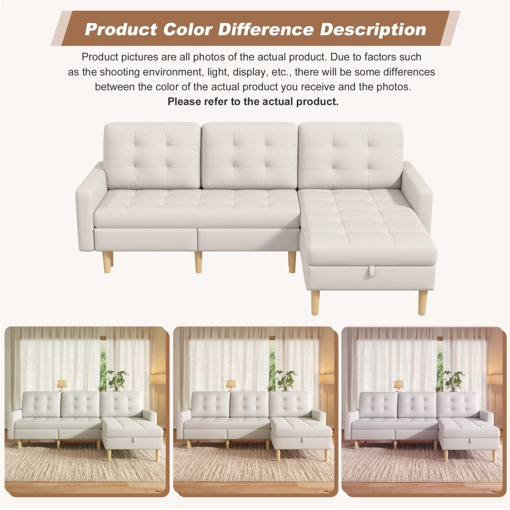 Divano angolare con chaise longue reversibile e doppio spazio contenitore per soggiorno moderno in tessuto beige